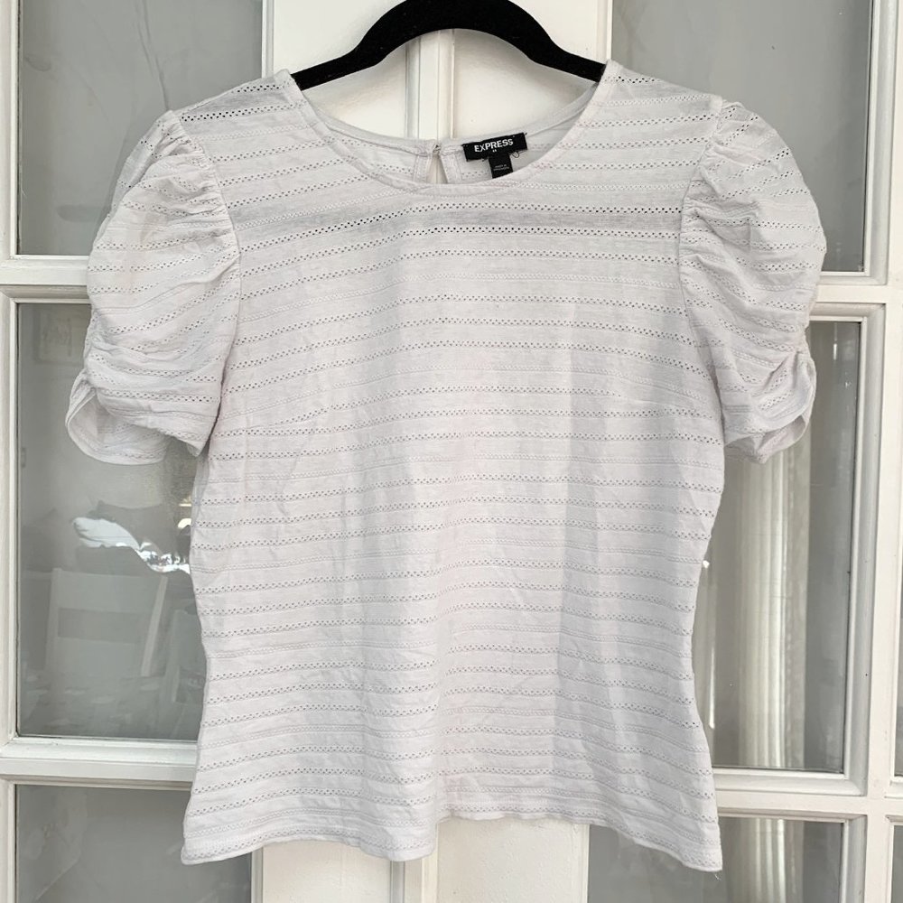 Express Eyelet Puff Sleeve Round Neck Blouse